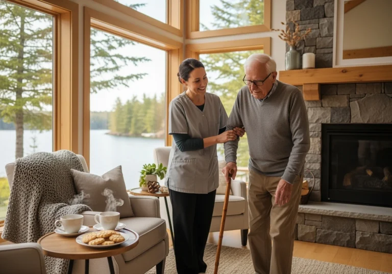 Muskoka Homecare Plus Services Helping a Senior Walk in Living Room